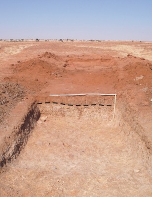 Figure 3. View of one of the excavated trenches; the dashed line on the vertical section marks the erosive transition between the upper sterile layers and the top of the palaeosols developed on fluvial sediments.
